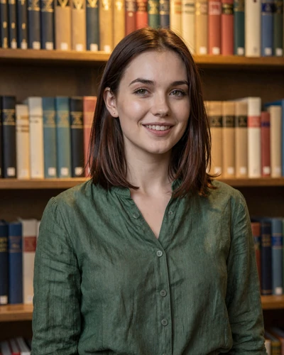 Ieva, 28, an auburn-haired Latvian woman from Daugavpils smiling in a library wearing a green blouse