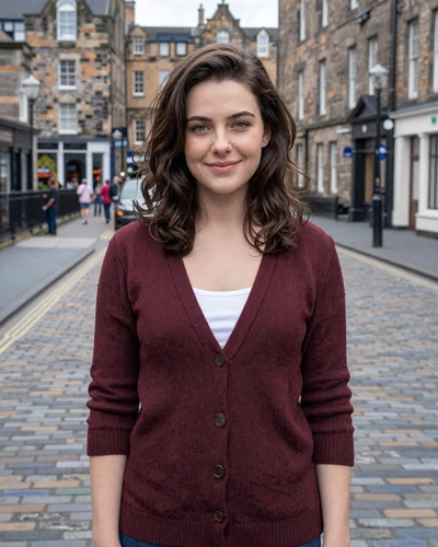 Sophie, 27, British woman from Edinburgh in burgundy cardigan on cobblestone street