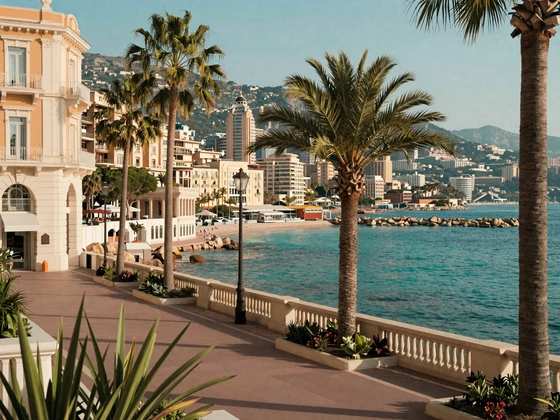Monaco coastal promenade with palm trees and pastel Mediterranean architecture