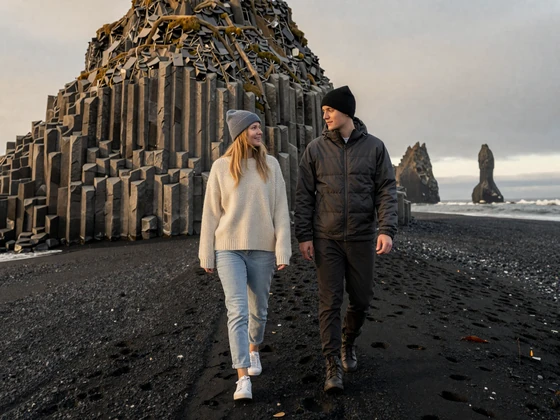Couple walking together on an Icelandic black sand beach with basalt columns