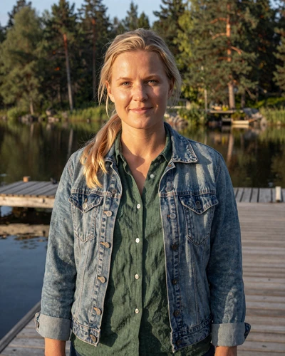 Saara 32 from Tampere Finland with honey blonde ponytail standing at lakeside dock at golden hour