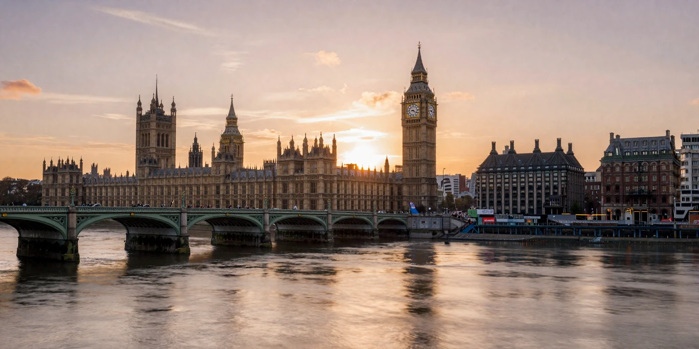London skyline at golden hour with Big Ben and Thames River for British women dating