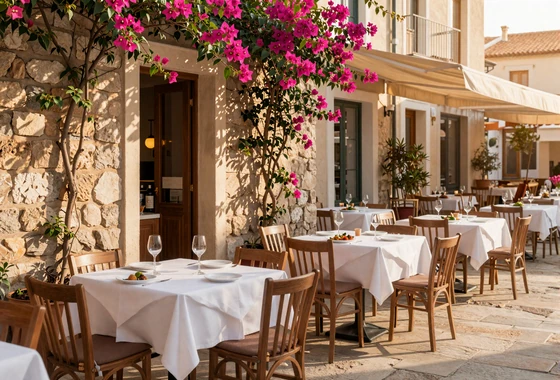 Charming outdoor European café terrace in a Mediterranean town with bougainvillea and golden afternoon light