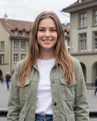 Annika, 27, Swiss-German woman from Bern smiling in historic old town wearing casual jacket