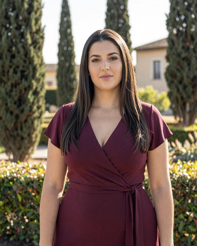 Francesca, 31, a San Marinese woman in a burgundy dress standing in a sunlit Mediterranean garden