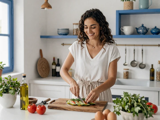 Greek woman preparing traditional Mediterranean food in a bright kitchen with olive oil and fresh herbs