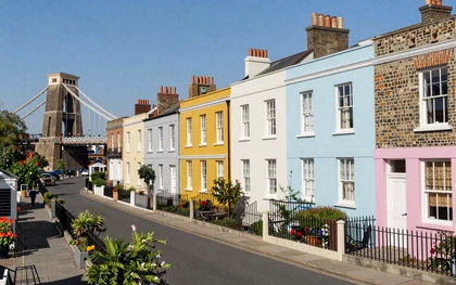 Bristol colorful Clifton houses with Suspension Bridge in background