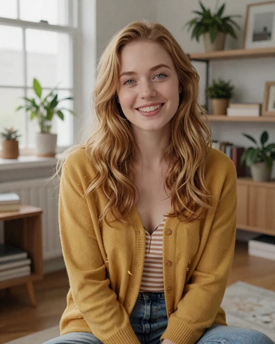 Sofie a 27-year-old Danish woman with strawberry blonde hair in a bright Scandinavian interior