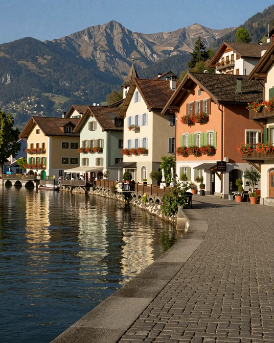 Picturesque Swiss lakeside town reflecting in calm water beneath mountain peaks