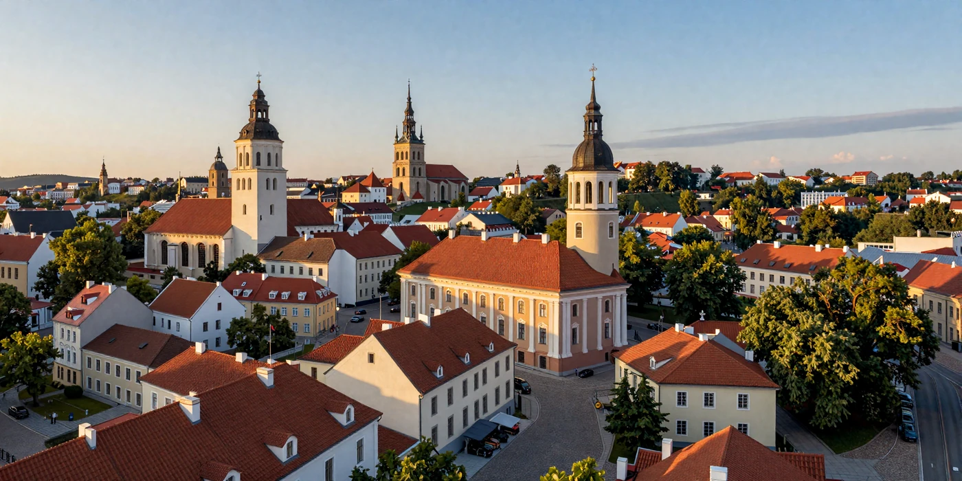 Vilnius Old Town panoramic view with Baroque churches and Gediminas Tower at golden hour
