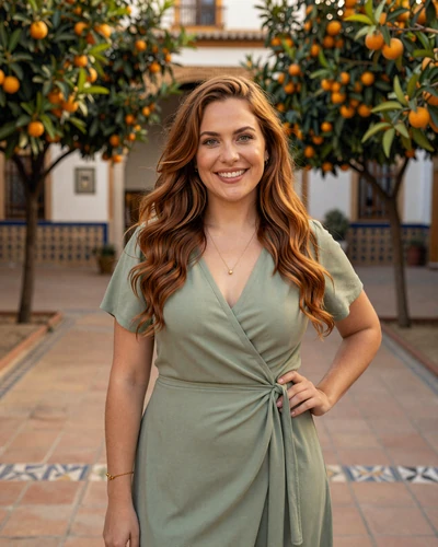 Isabel, 32, Spanish woman in a traditional Seville courtyard with orange trees