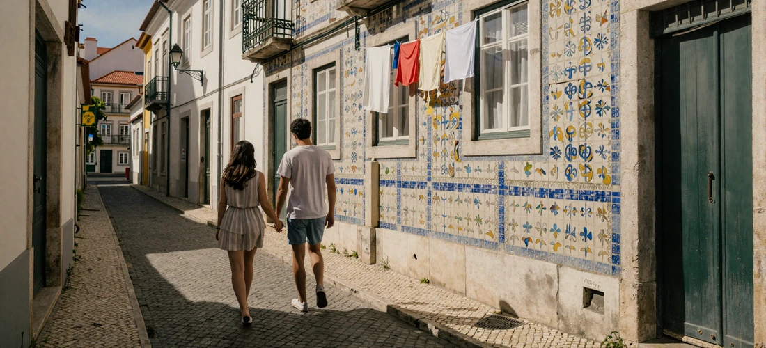 Couple walking hand in hand through the historic Alfama neighborhood in Lisbon with azulejo tiles