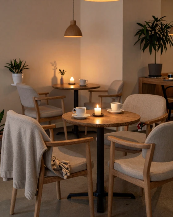 Cozy Danish cafe with candlelight hygge atmosphere and warm Scandinavian interior design