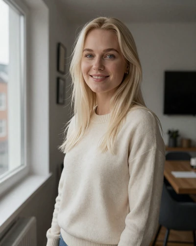 Sigridur, 29, Icelandic woman with platinum blonde hair smiling in a Reykjavik apartment