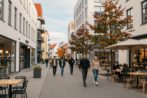 Modern Tallinn street scene with contemporary architecture and autumn trees in soft warm light