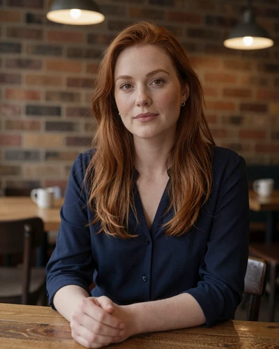 Emma, 32, British woman from Manchester in navy blouse at cozy café