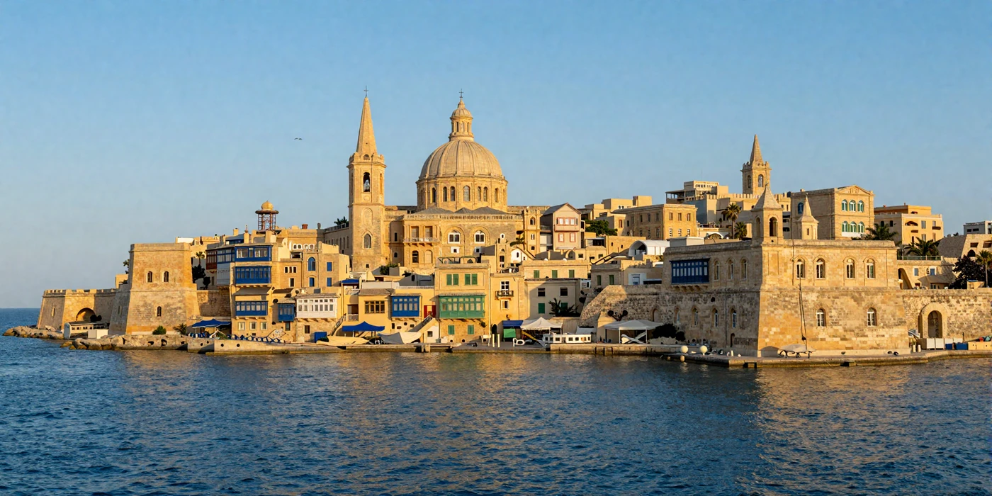 Valletta Malta golden limestone harbor overlooking the azure Mediterranean Sea at sunset