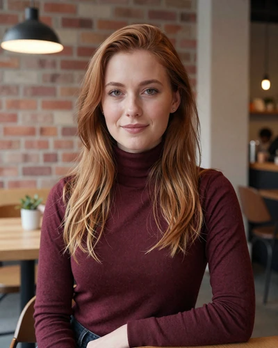 Annika, 27, Austrian woman with auburn hair sitting in a Graz cafe with warm lighting