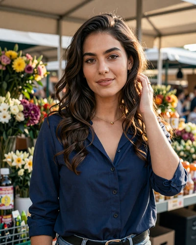 Camille, 26, French woman in a navy blouse at a sunlit market in Lyon, France