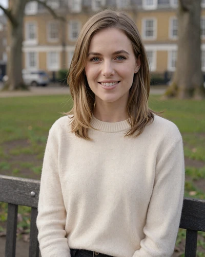 Charlotte, 29, British woman from London in cream sweater near park