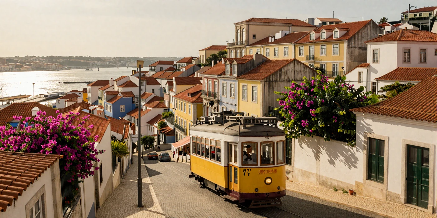 Beautiful Lisbon waterfront with colorful Portuguese buildings and iconic tram at golden hour