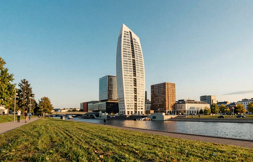 Modern Malmö skyline featuring the Turning Torso building with waterfront park
