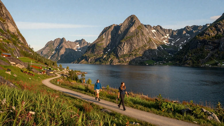 Couple hiking along a scenic Norwegian fjord trail during summer golden hour