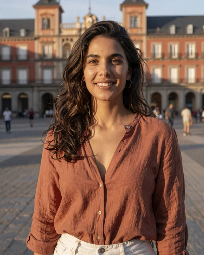Lucia, 29, Spanish woman smiling in a sunlit Madrid plaza