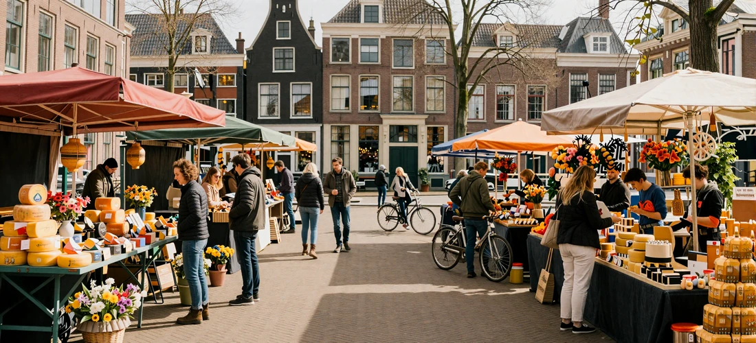 Vibrant Dutch outdoor market with cheese and flower stalls in a Netherlands city square
