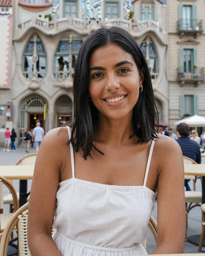 Carmen, 26, Spanish woman at a Barcelona café with Gaudi architecture behind her