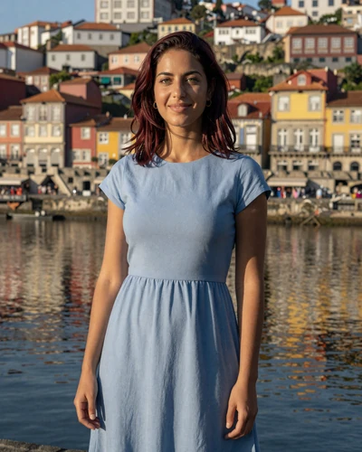 Beatriz, 26, Portuguese woman near the Douro River in Porto wearing a blue cotton dress