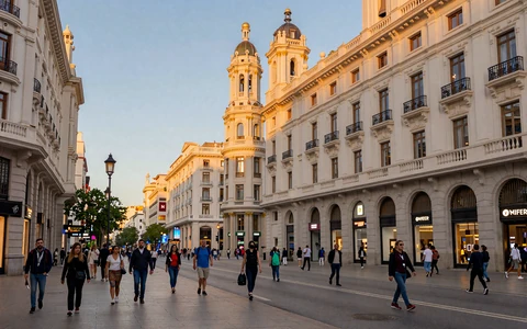 Madrid Gran Via street with historic architecture at golden hour