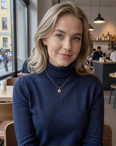 Emilia 29 from Helsinki Finland wearing navy turtleneck sweater smiling in modern café