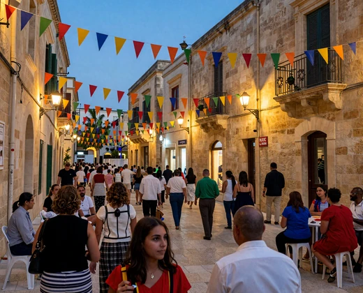 Traditional Maltese village festa celebration with colorful decorations and warm lights on limestone streets