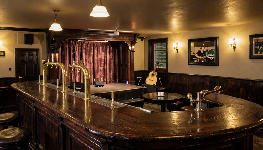 Interior of a warm traditional Irish pub with cozy snug seating and traditional music stage