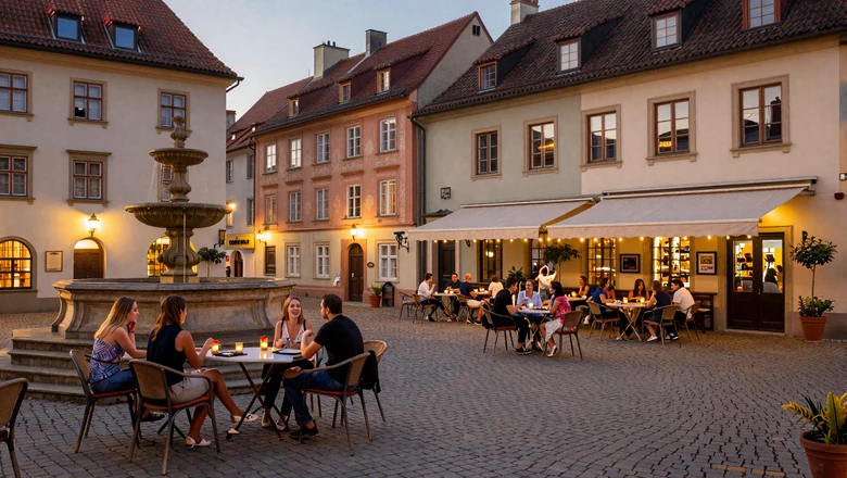 Charming European town square with couples socializing at outdoor cafes during a warm evening