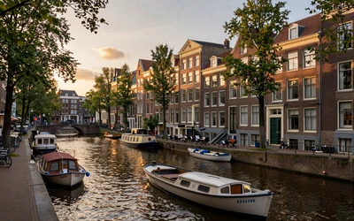 Amsterdam canals at sunset with historic Dutch houses and houseboats