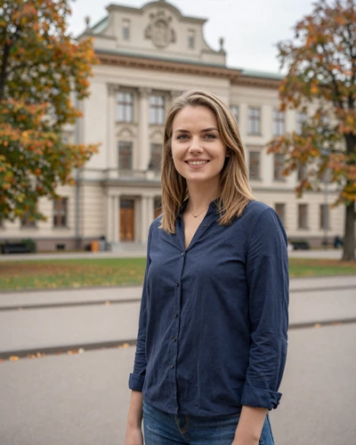 Kadri, 31, Estonian woman with brown hair and navy blouse near Tartu university campus