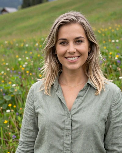 Martina, 27, from Triesen Liechtenstein - ash blonde woman smiling in Alpine meadow with wildflowers
