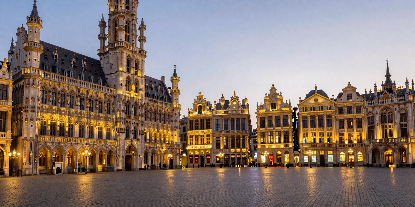 Brussels Grand Place at twilight with golden gilded facades and romantic cobblestone square
