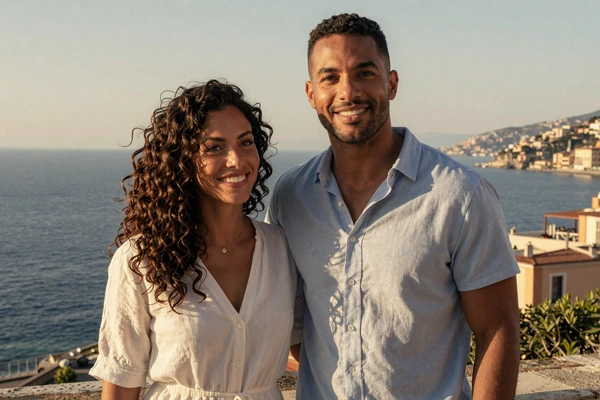 David from Georgia and Elena from Italy sharing a moment on a sunlit Italian terrace after connecting through Healthcareplus Dating