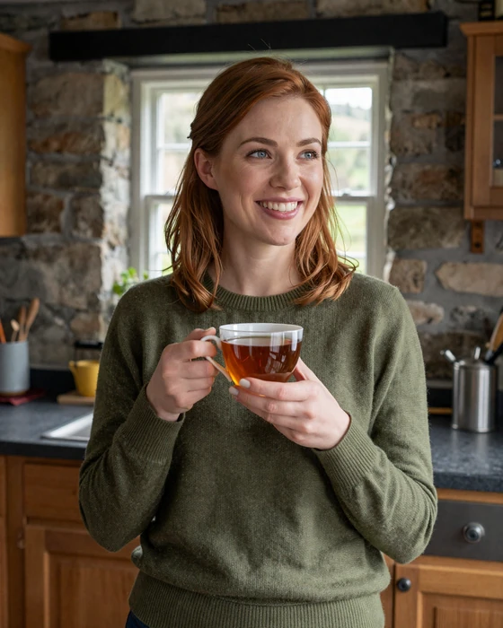 Smiling Irish woman with auburn hair enjoying tea in a cozy cottage kitchen