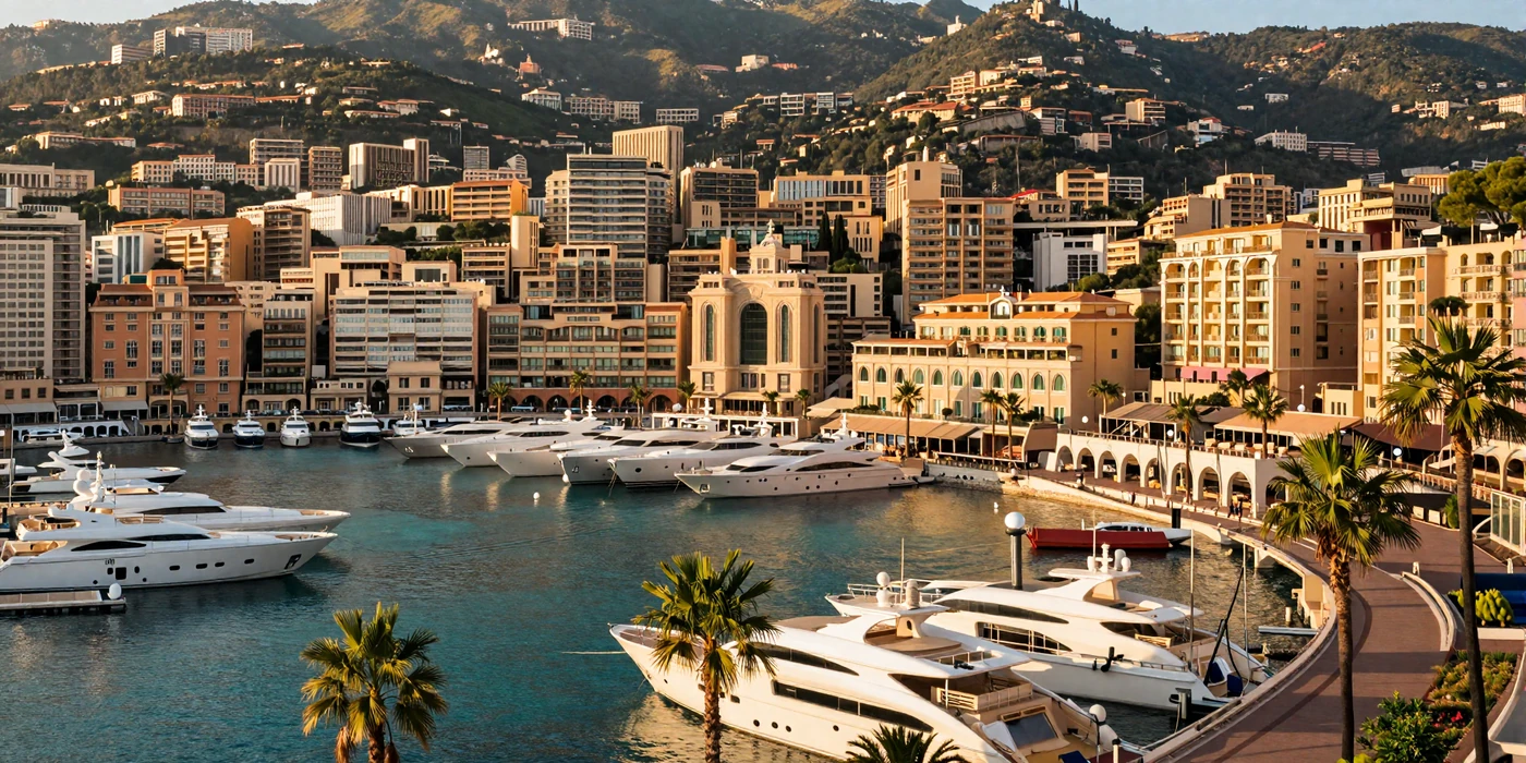 Monte Carlo harbor in Monaco with luxury yachts and Mediterranean coastline at golden hour
