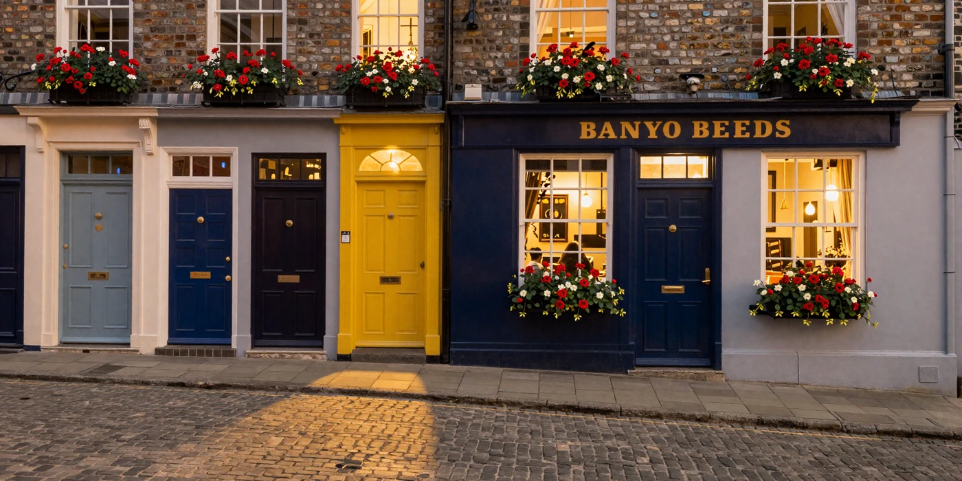 Charming Dublin street with colorful Georgian doors and warm evening light for Irish women dating