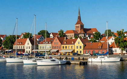 Klaipeda harbor with colorful buildings and boats on the Baltic Sea coast