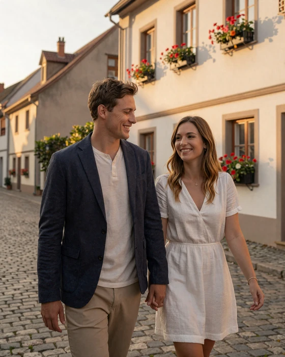 Happy American-European couple walking together on a charming European cobblestone street at golden hour