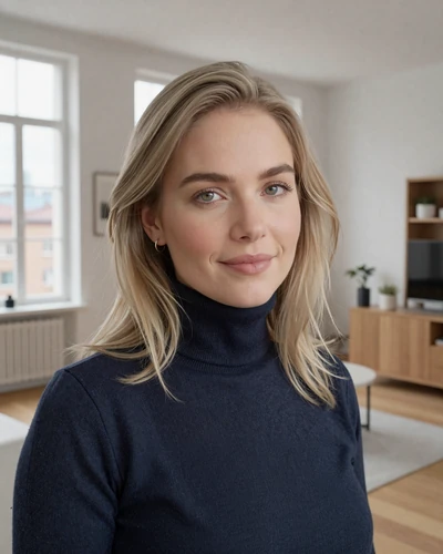 Astrid, 29, Norwegian woman in navy turtleneck in her bright Oslo apartment