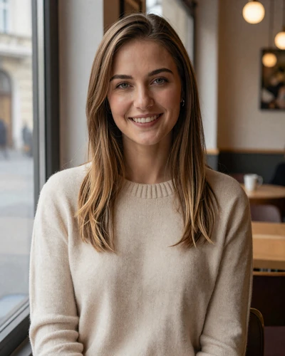 Katharina, 29, Austrian woman with light brown hair smiling in a Viennese coffeehouse