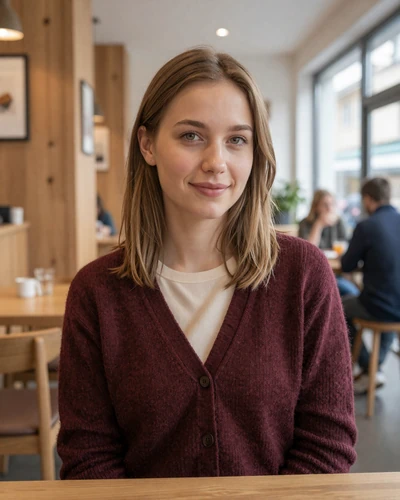Elise, 27, Swiss woman from Zurich with light brown hair in a cozy wooden cafe setting