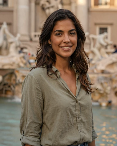 Valentina, 29, Italian woman from Rome smiling near a Roman fountain in sage green blouse